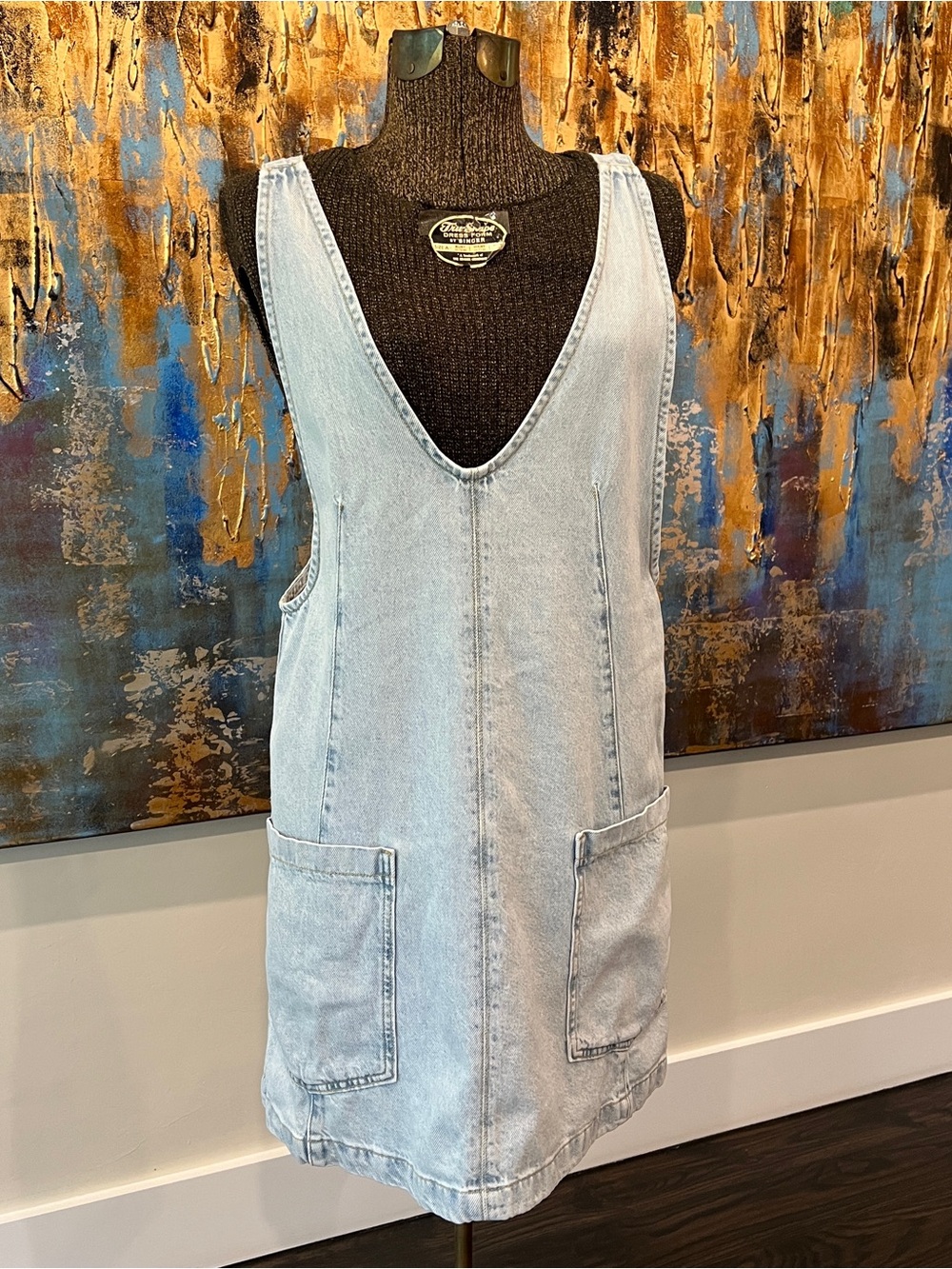 Free People We The Free Light Wash Denim Mini Dress XS Pinafore Overall